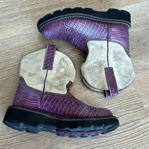 VTG. Ariat Fatbaby PURPLE /BONE CROCODILE PRINT Leather Mid Calf Boots Size 6.5 - Picture 5 of 16
